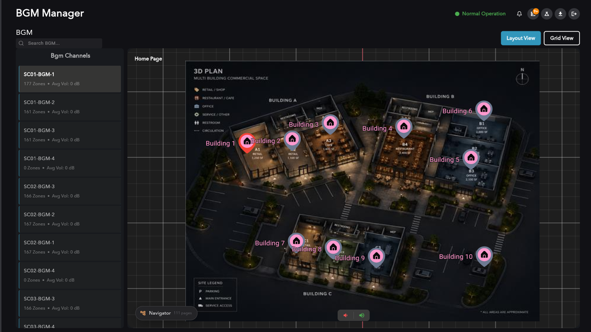 Background music manager layout view
